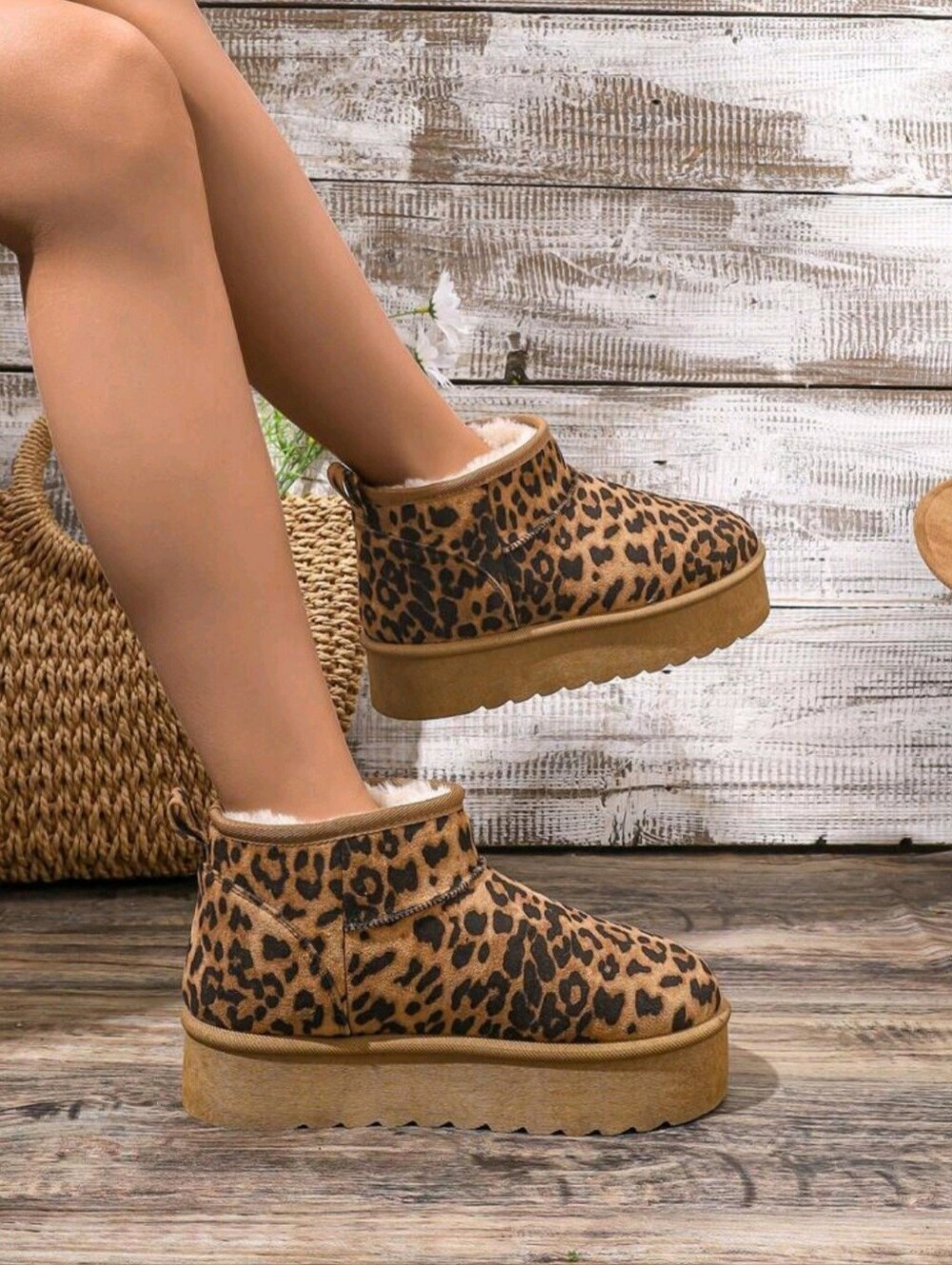 NEW - Leopard Print Cozy Platform Ankle Boots - 8 - Picture 5 of 10